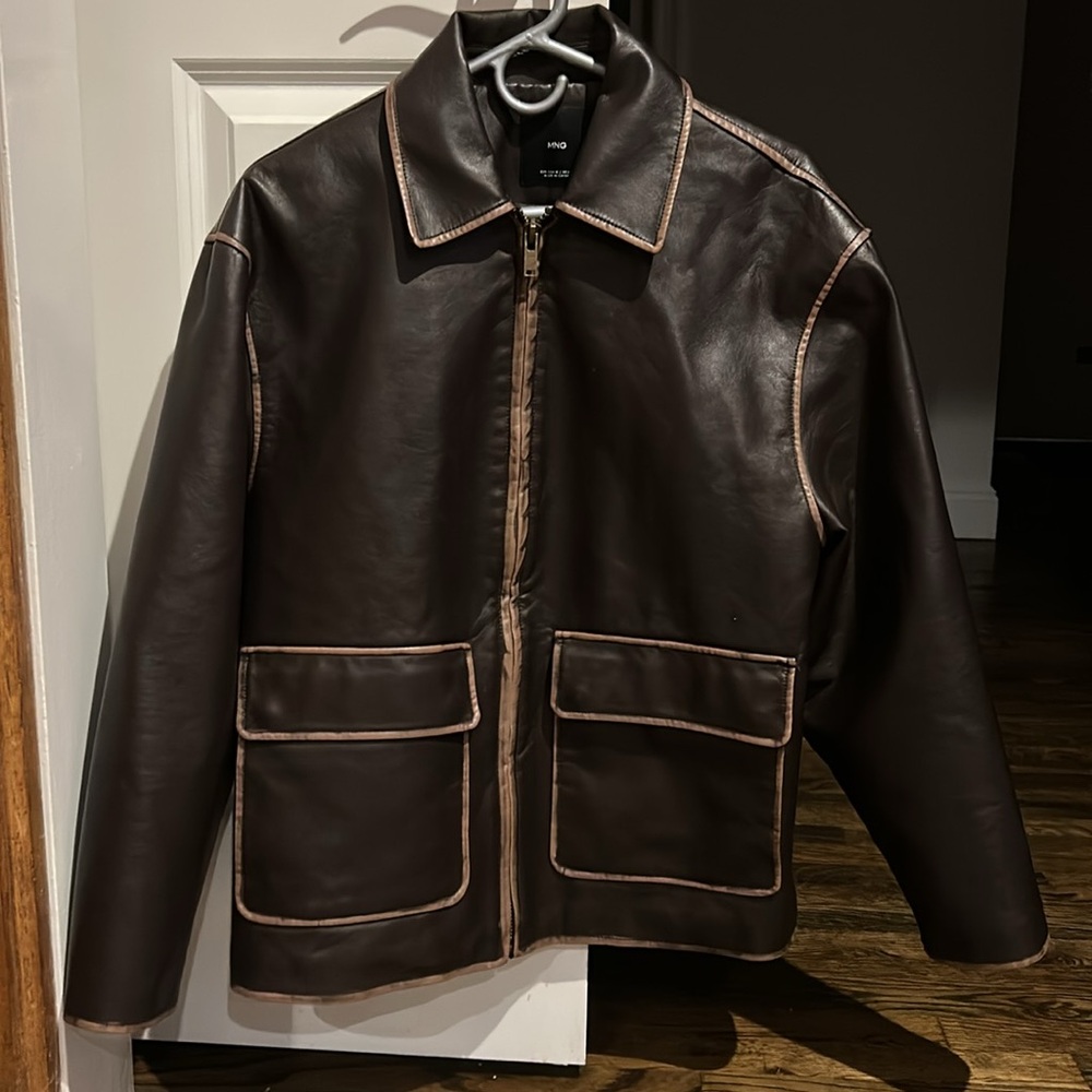 Mango Dark Brown Leather Jacket with Contrast Stitching - Picture 9 of 11